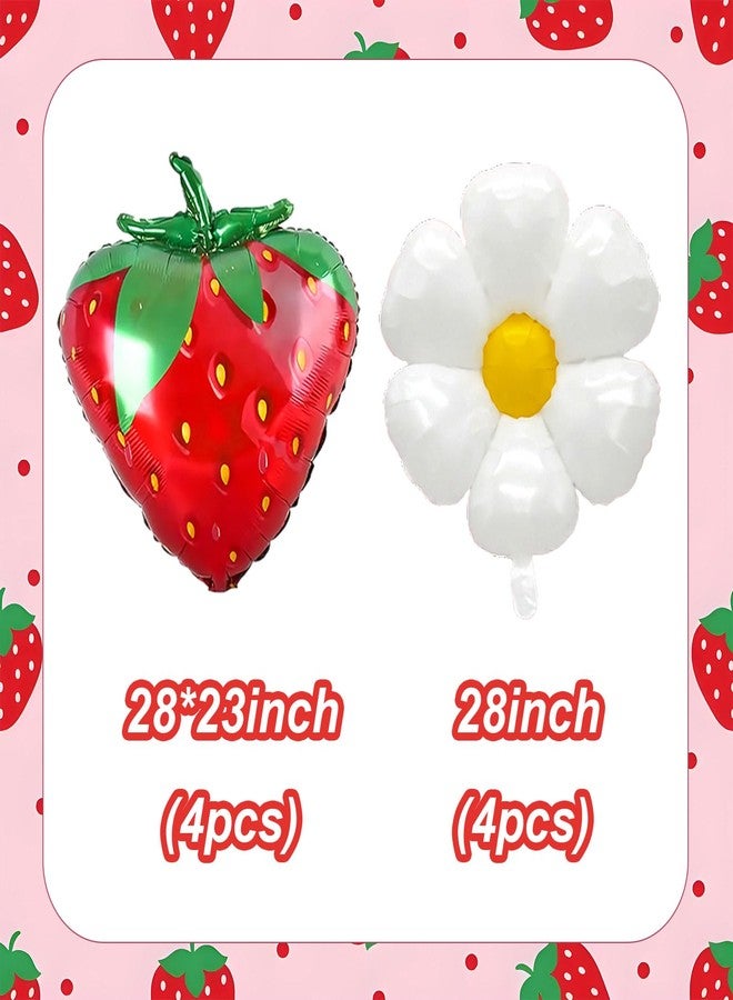 YOUDICT 8 PCS Strawberry Balloons Daisy Balloons, Red Berry Foil Balloons for Strawberry Themed Birthday Party Decorations Berry First Birthday Decorations - Image 2